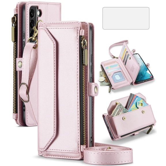 Compatible with Samsung Galaxy S21 Plus S21 5G Zipper Wallet Phone Case Tempered Glass Screen Protector Crossbody Lanyard Strap Flip Card Holder Slot Cell Cover for S21 5G S21plus Women Rose Gold