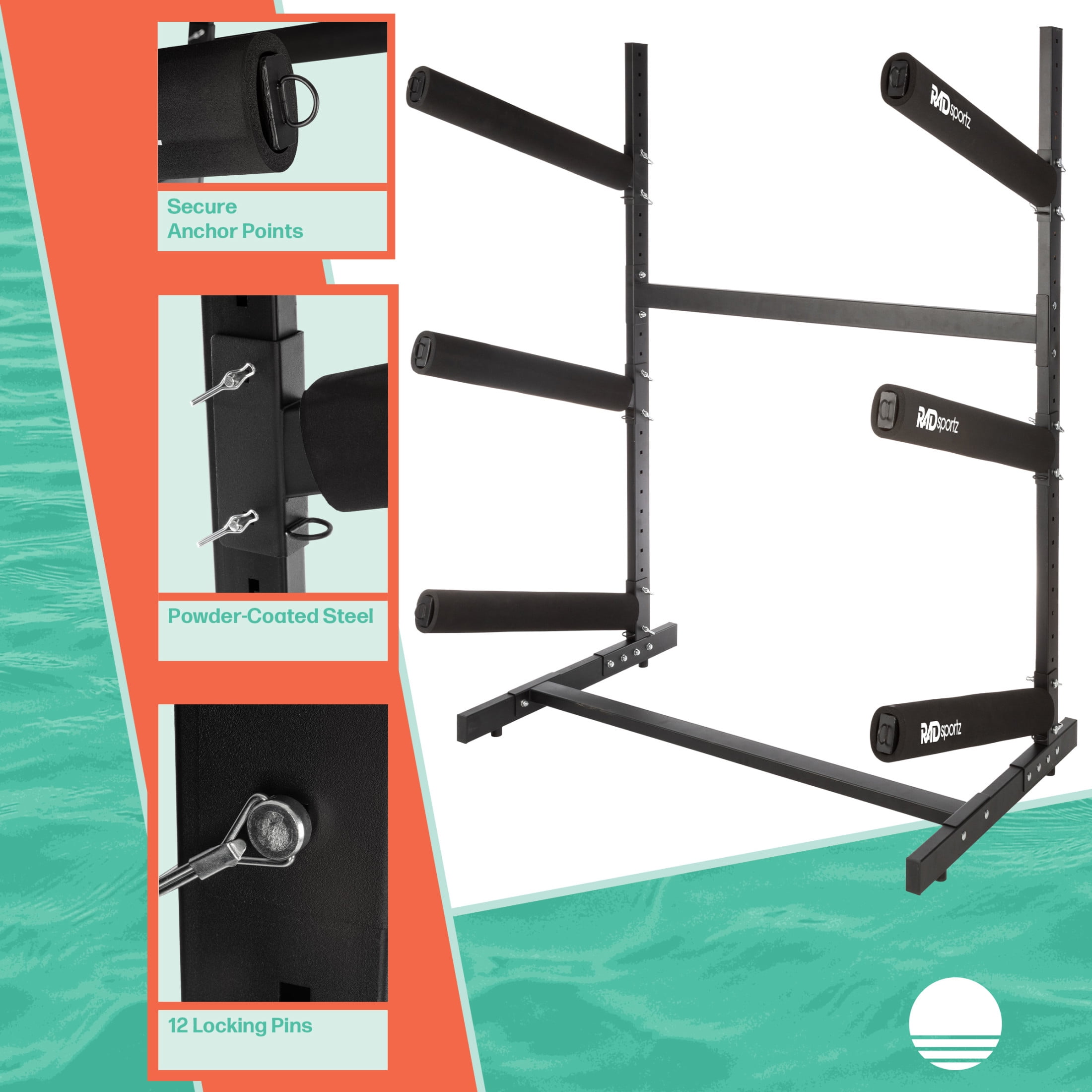RAD Sportz Kayak Storage Rack - 3-Level Freestanding Adjustable Stand with Padded Arms and 300lb Capacity for Canoes, SUP, or Paddleboards - Black