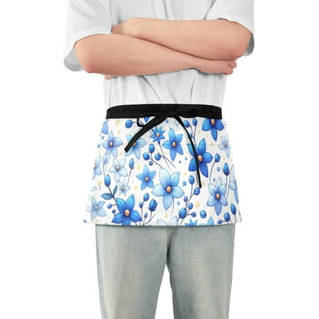 

Cute Blue Flowers Waist Apron Adjustable Server Half Apron Kitchen Cooking with 3 Pockets for Men Women