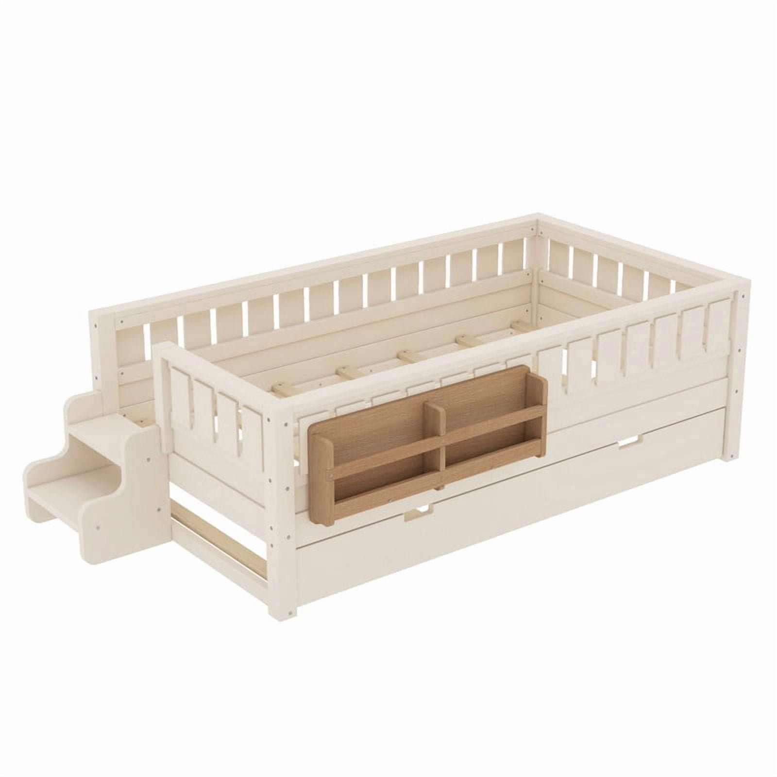 Bellemave Twin Bed with Trundle and Small Stairs, Twin Size Platform Bed Frame with Rail and Bookshelf, Wooden Montessori Floor Bed No Box Spring Needed,Beige
