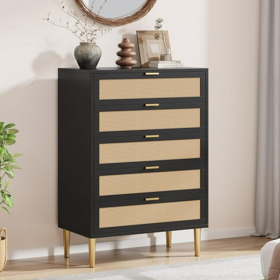 Studyset Rattan 5 Drawer Dresser, 44'' Tall Narrow Chest of Drawer, Farmhouse Wooden Vertical Dresser with Metal Legs and Handles, Modern Cabinet for Bedroom, Living Room, Oak