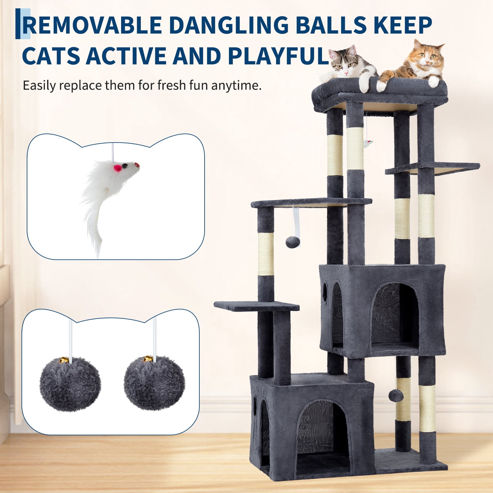 Babevy 61" Maine Coon Cat Tree, Heavy-Duty Tower with Extra-Large Perch, 2 Condos & 7 Sisal Scratching Posts for Large Indoor Cats