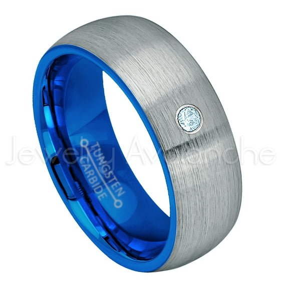 2-Tone Dome Blue IP Inner Tungsten Ring - 0.07ct Solitaire Topaz Ring - Personalized Tungsten Wedding Ring - Custom Made November Birthstone Ring TN736BS