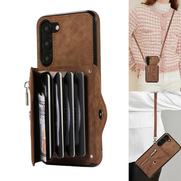 Dteck Crossbody Wallet Case for Samsung Galaxy S21 FE, RFID Blocking PU Leather Zipper Handbag Purse Flip Cover, Kickstand Folio Case with Card Slots Wrist Strap Lanyard,Brown