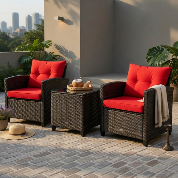 Hommoo 3-Piece Outdoor Rattan Patio Furniture Set with Cushions, Wicker Conversation Set Including 2 Armchairs & Coffee Table with Tempered Glass Top, Red
