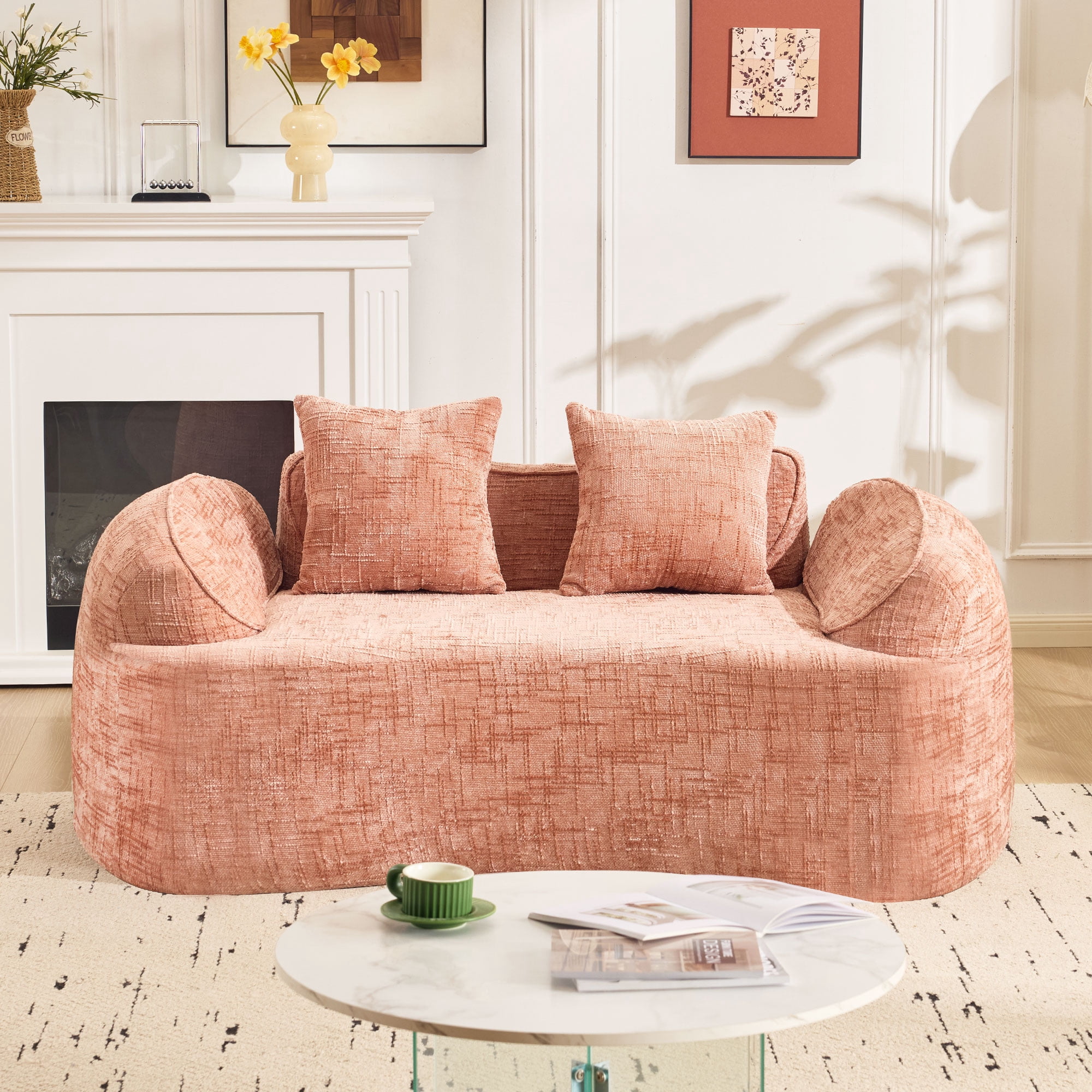 Leumius 66" 2 Seater Sofa Compress Sofa with Armrests & 2 Pillows,No Assembly Required,Compact Sofa Couch for Small Apartments,Living Room,Bedroom,Pink