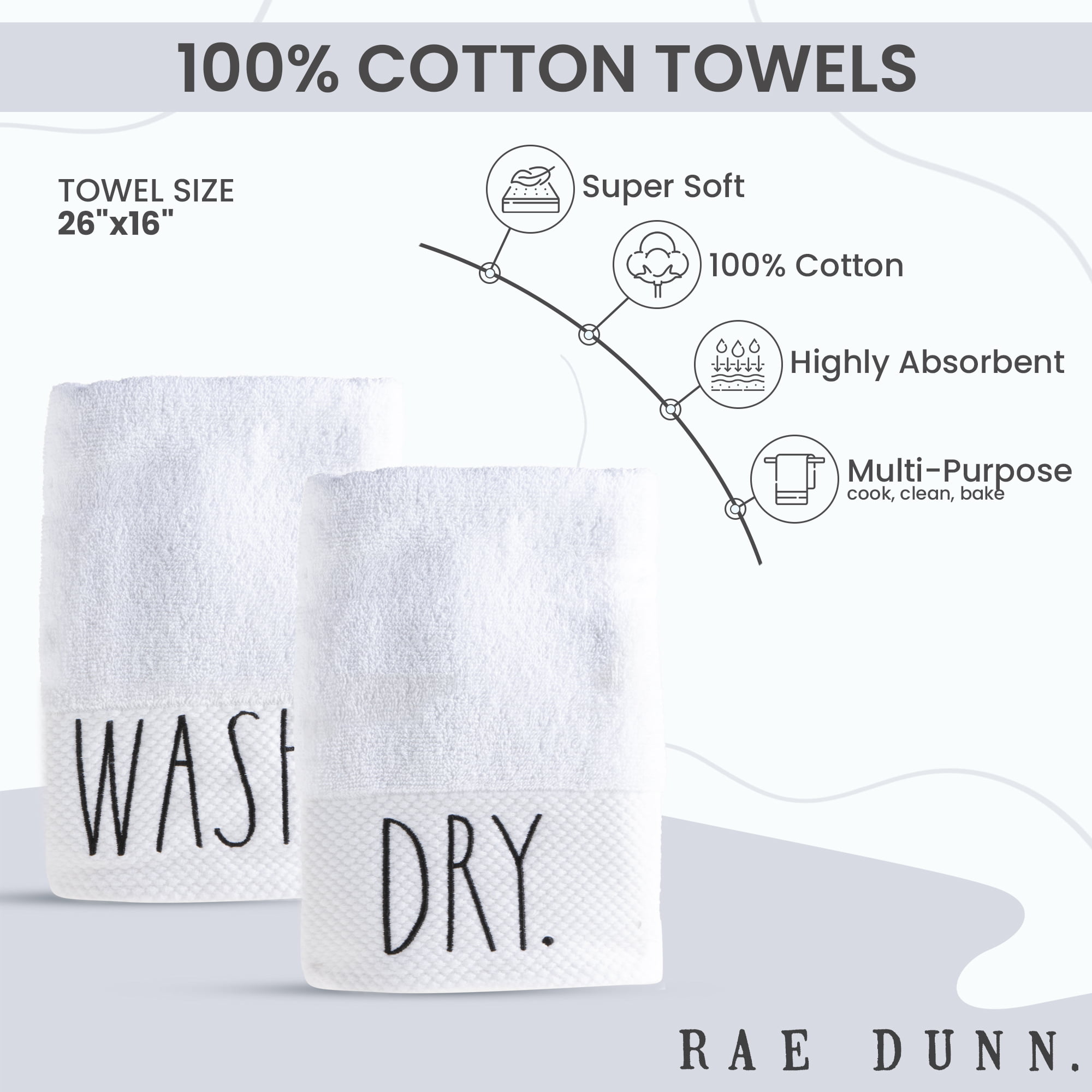 Rae Dunn Hand Towels, Embroidered Decorative Kitchen Towel for Kitchen and  Bathroom, 100% Cotton, Highly Absorbent, 3 Pack, 16x26, Embroidered Happy