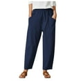 thumbnail image 1 of Pantalones harem elásticos de color liso para mujer: mezcla de algodón y cáñamo, corte holgado, informales para todas las estaciones/playa, 1 of 6