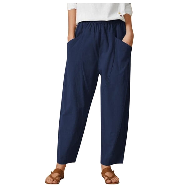 Pantalones harem elásticos de color liso para mujer: mezcla de algodón y cáñamo, corte holgado, informales para todas las estaciones/playa
