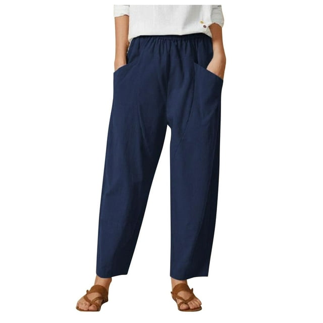 Pantalones harem elásticos de color liso para mujer: mezcla de algodón y cáñamo, corte holgado, informales para todas las estaciones/playa