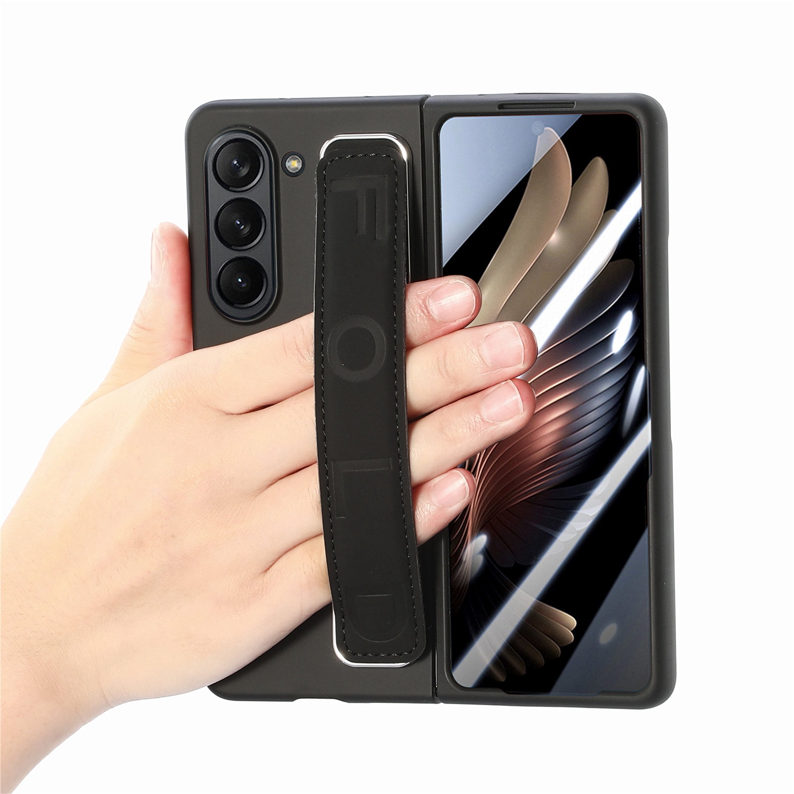 for Samsung Galaxy Z Fold 5 Case with Strap, [Non Slip Silicone Touch] Slim Protective Phone Case with Elastic Finger Wristband, Shockproof PC Cover for Samsung Galaxy Z Fold 5 2023 - Black