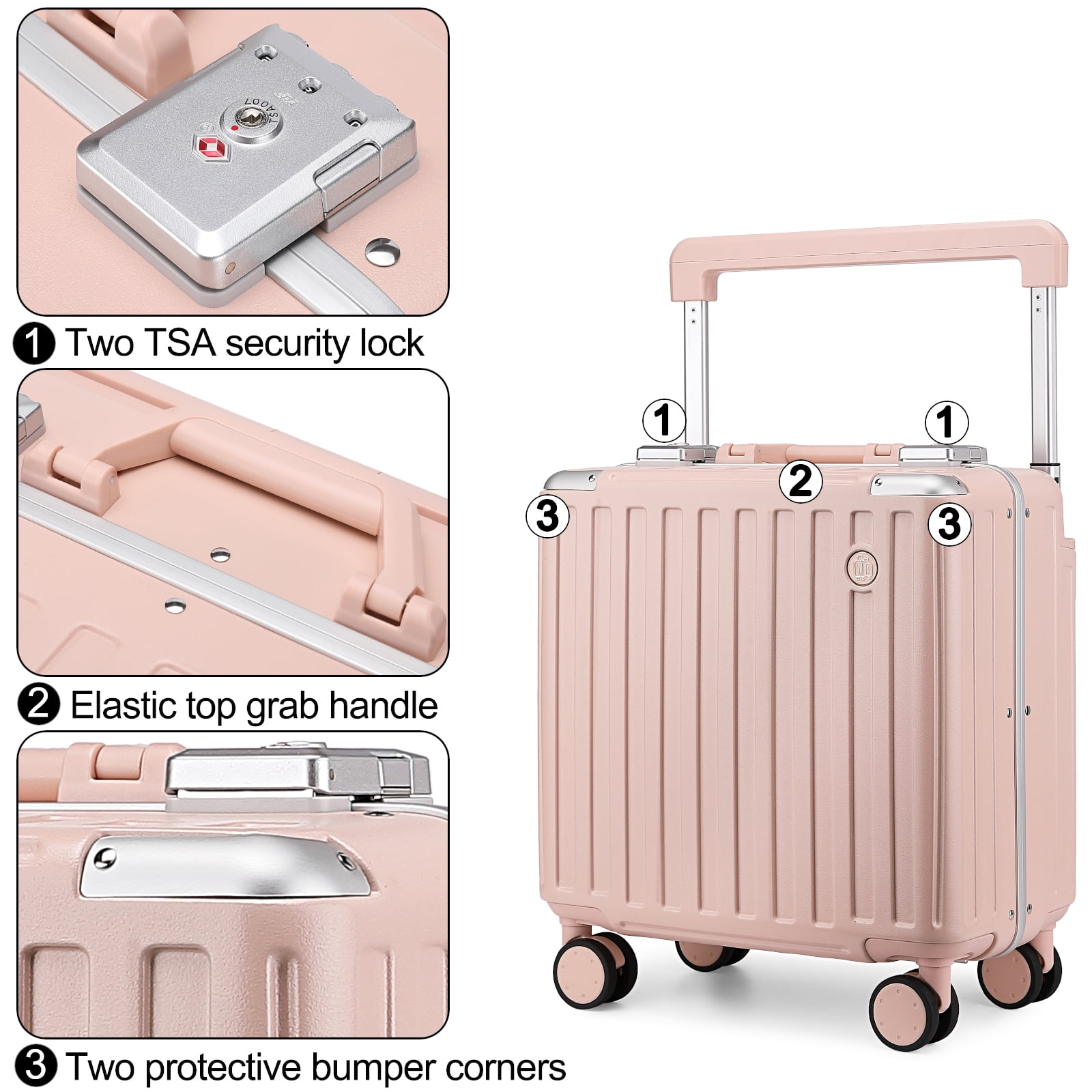 Somago Aluminum Frame 18" Carry On Luggage Wide Handle Suitcase Built-In Double TSA Lock Hardside Lightweight PC Travel Suitcase with Spinner Wheels