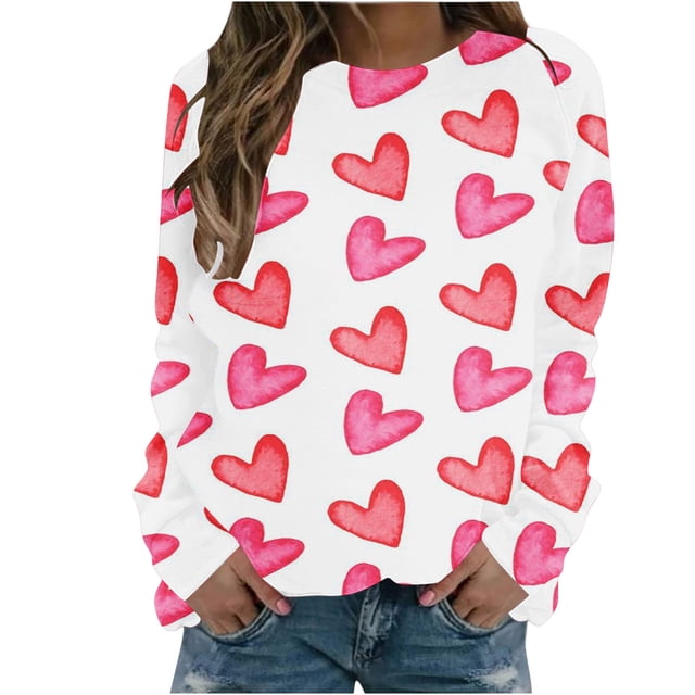 Diufon Hauts de la Saint-Valentin pour Femmes Manches Longues Col Rond Chandail Décontracté Tendance Mignon Imprimé Graphique Blouse