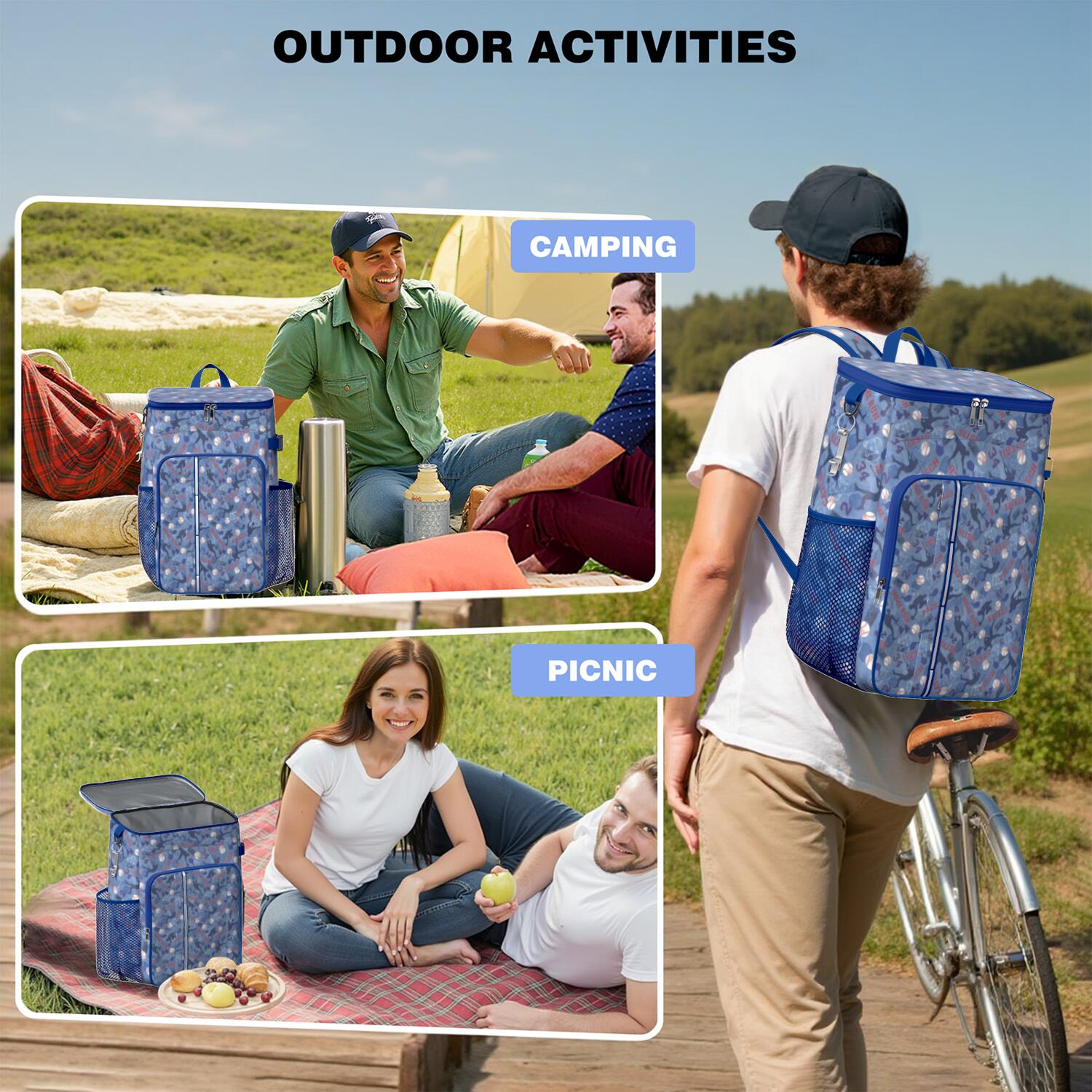 Travel Cooler Bag - Blue Baseball Silhouette Pattern Camping Beer Cooler Backpack with Bottle Opener- Waterproof Insulated Picnic Backpacks - Cooler Bag for Beach