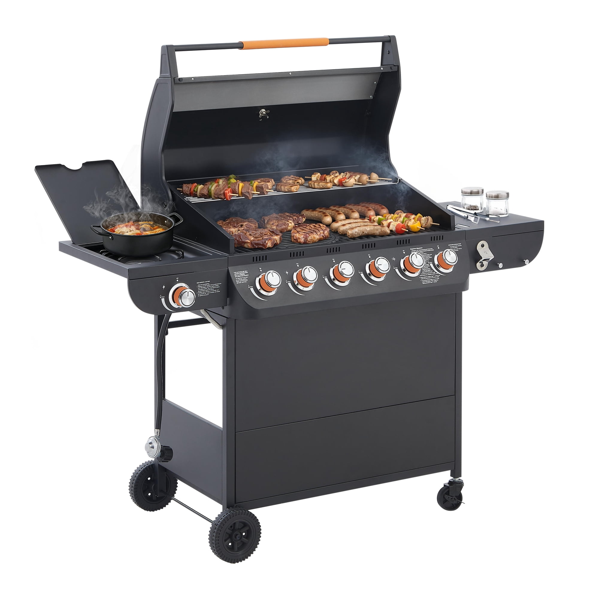 6 Burner BBQ Propane Gas Grill with Side Burner 72000 BTU Output Stainless Steel Barbecue Grill with Cast Iron Grates and Side Tables for Outdoor Cooking, Kitchen and Patio Backyard