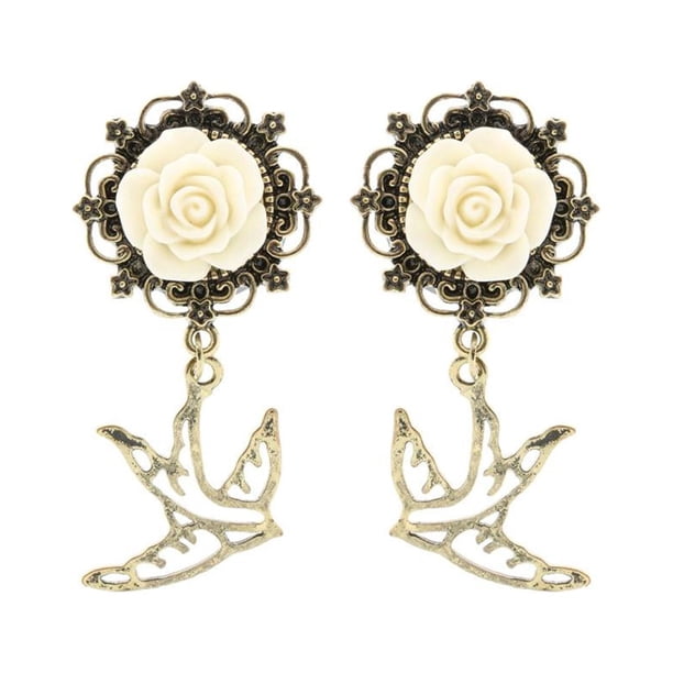 1 par de pendientes colgantes de gorrión de aleación de bronce vintage Blanco 16mm