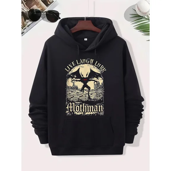 Live Laugh Lurk Mothman Graphic Unisex Couple Pullover Black Hoodie Shirt for Men & Women, up to Size 5XL