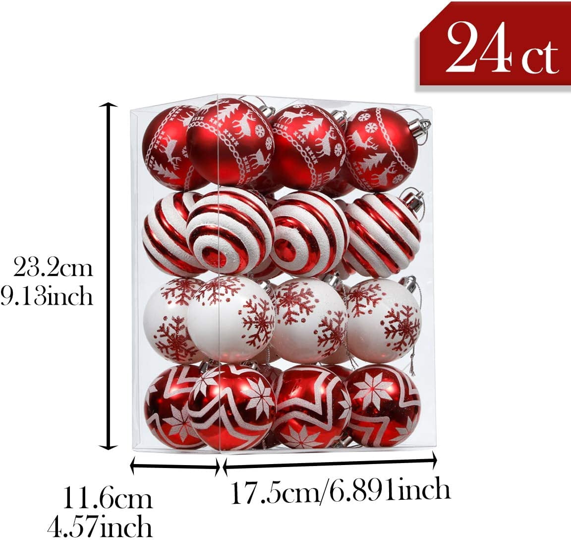 HadinEEon Christmas Ball Ornaments, 24pcs Christmas Tree Decorations, 2.36" Xmas Hanging Balls (Red)