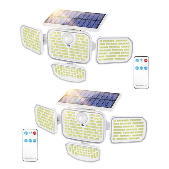 2 Pack Solar Outdoor Lights 286 LED 4 Heads Security Lights with Remote Control 300° Wide Angle Flood Wall Lights Motion Sensor Lights IP65 Waterproof with 3 Modes for Garden Fence Yard Deck