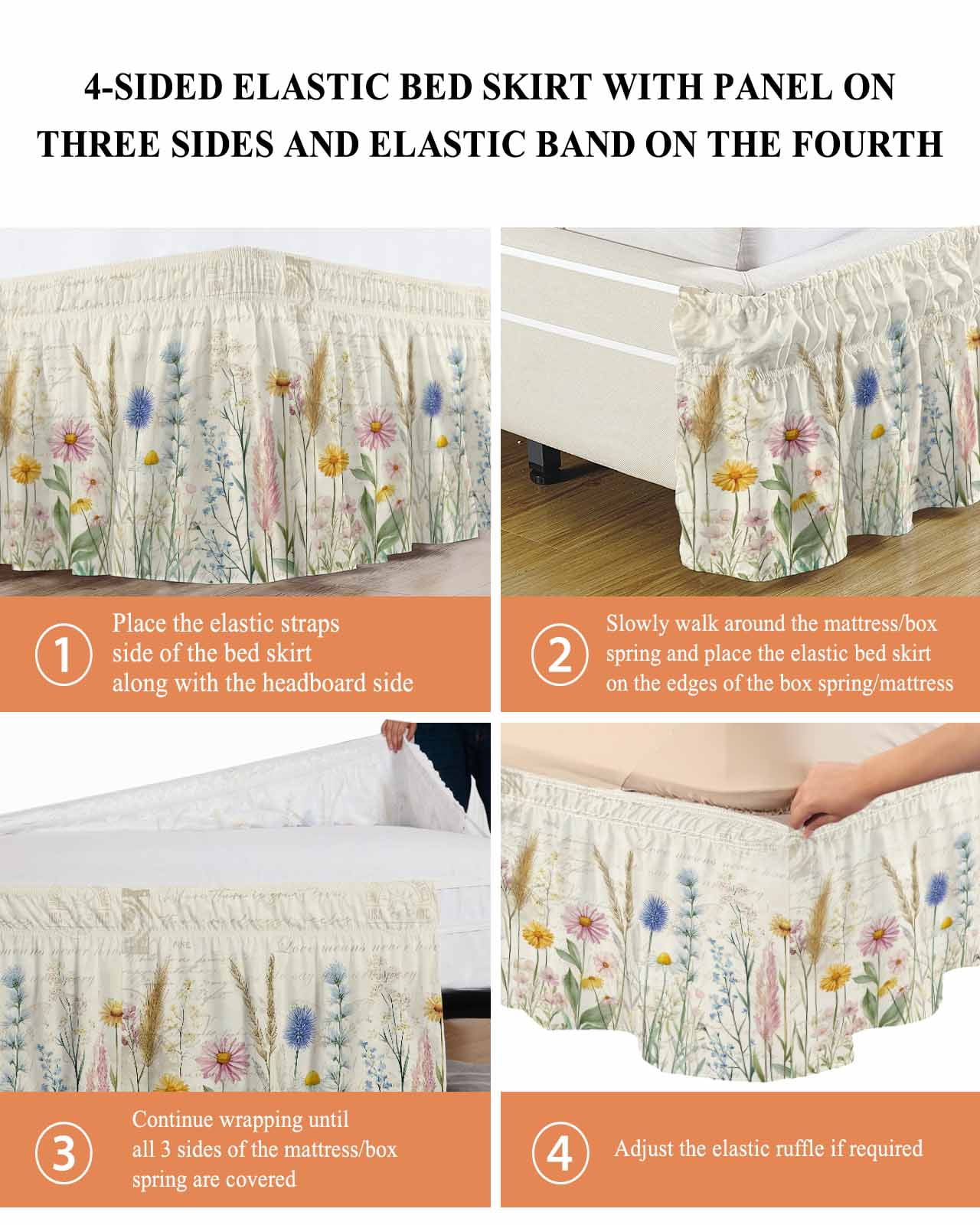 Spring Floral Bed Skirt Queen Size, Summer Flower Botanical Farmhouse Wrap Around Bed Skirting with Adjustable Elastic Strap, Dust Ruffle Pleated Bedskirts 16 Inch Drop for Bedroom Queen Beds
