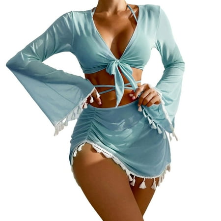 Kitem 4Pcs/Set Women Sexy Bikini Set Halter Lace-up Triangle Bra Briefs Swimsuit Cover Up Top with Skirt Bathing Swimming Suit (Sky Blue S)