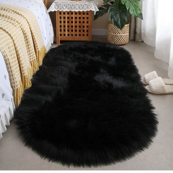FUDAKUNA Modern Plush Rugs Oval 20" x 63", Soft Faux Fur Sheepskin Shaggy Black Area Rug, Non-Slip Backing Carpet Floor Mat