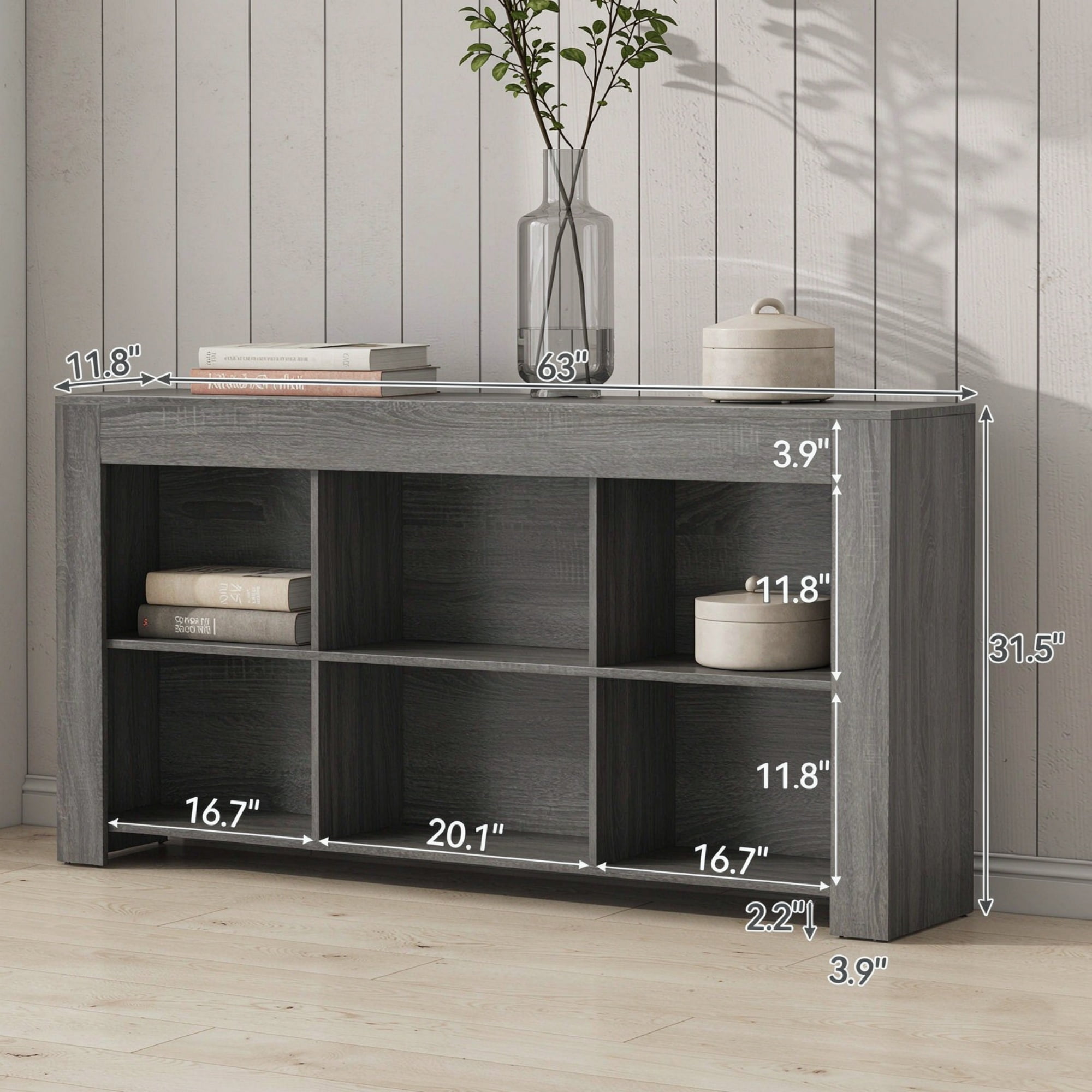 Rustic Wood Console Table with 6 Storage Cubes, 66.93 in L