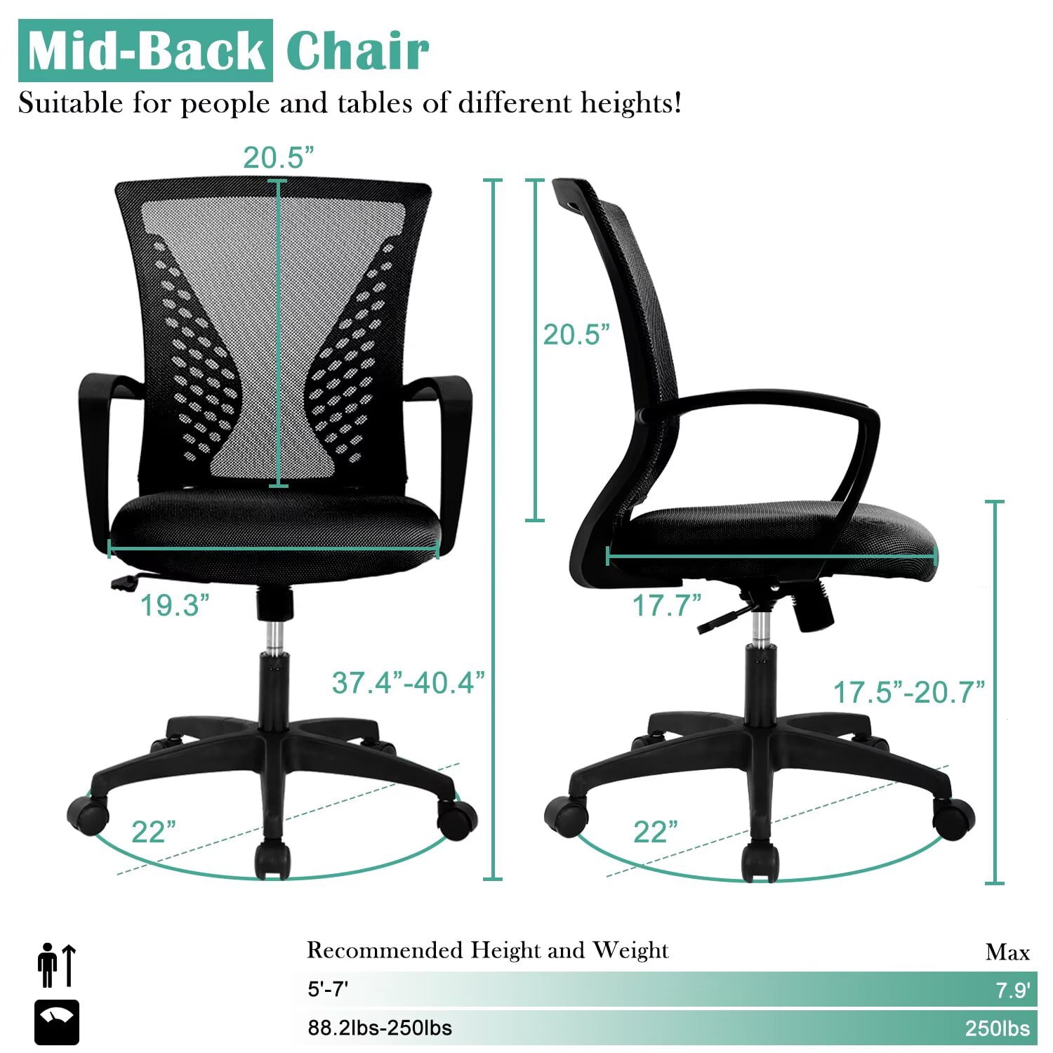 YRLLENSDAN Mesh Executive Office Chair with Armrest, Ergonomic Desk Chairs with Wheels, Adjustable Comfy Lumbar Support Swivel Chair, Black