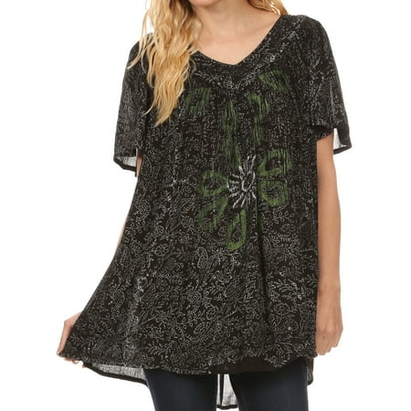 - Sakkas Talulla Long V Neck Batik Floral Leaf Embroidered Printed Blouse Shirt Top - Black - OS