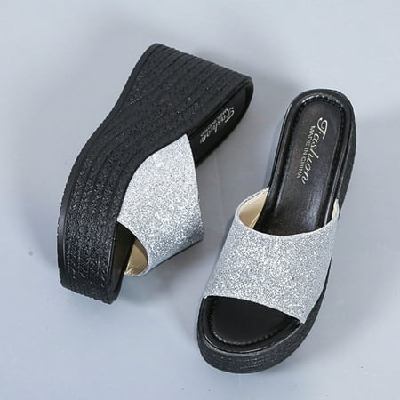 

Cathalem Warming Slippers for Women Wedge Casual Sequined Ladies Sandals Platform Mouth Fish Fashion Women s Bow Tie Slippers Silver 8