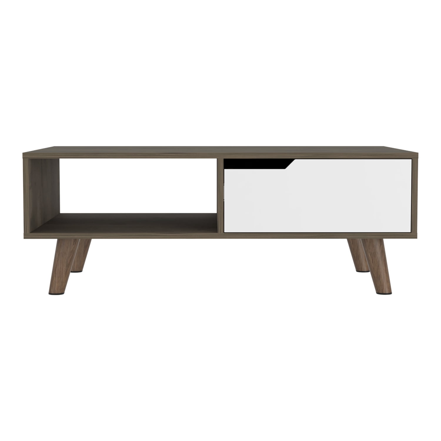 Lisonu Mid-Century Modern Coffee Table with Drawer and Open Shelf, Two-Tone Living Room Center Table with Tapered Legs, Particle Board Cocktail Table, Dark Brown & White