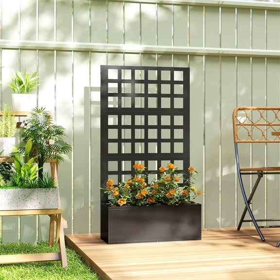 Outsunny Galvanized Raised Garden Bed with Trellis and Drainage Holes for Climbing Plants, Vegetable, Vines, 24" x 9" x 44.5", Black