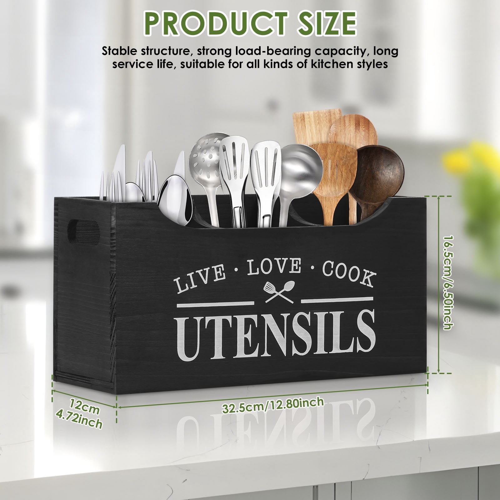 FUYGRCJ Kitchen Utensil Holder with Drainage Bottom, 3 Compartments Solid Real Wood Utensil Organizer for Kitchen Counter, Farmhouse Cooking Tools Storage for Home Countertop