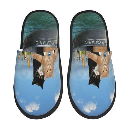 Balery Two Brave Cats Are Floating On The Sea Iceberg Slient Indoor Furry Fleece Comfort House Shoes Soft Non-Slip Home Shoes Cotton slippers House Slippers-- Medium