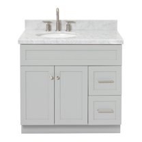 Ariel Hamlet 37 In. Left Offset Oval Sink Vanity With 1.5 In. Carrara White Countertop In Grey
