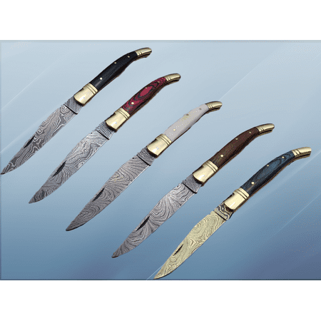 5 Pieces Laguiole Folding Damascus Steel Knife Red Blue White Black & Brown 5 Scale Colors with Brass Bolster. Cow Hide Leather Sheath Included