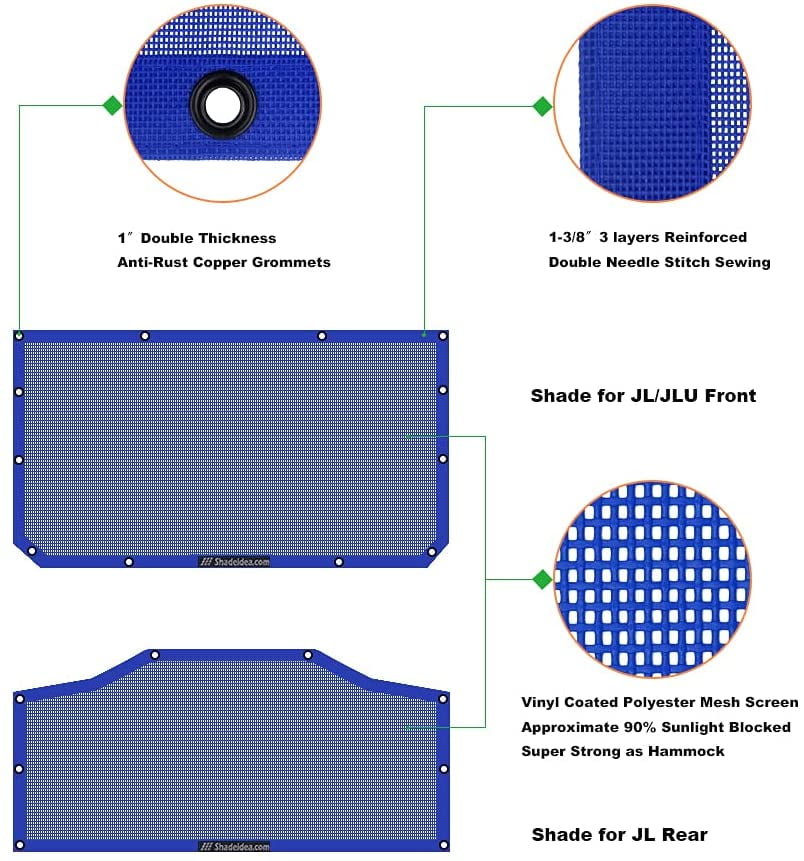 Shadeidea JL Sun Shade for Jeep Wrangler 2 Door Top Sunshade ( 2018 - Current ), Front & Rear - Blue Mesh Screen Wrangler Cover, UV Blocker with Grab Bag Pouch - 10 Years Warranty
