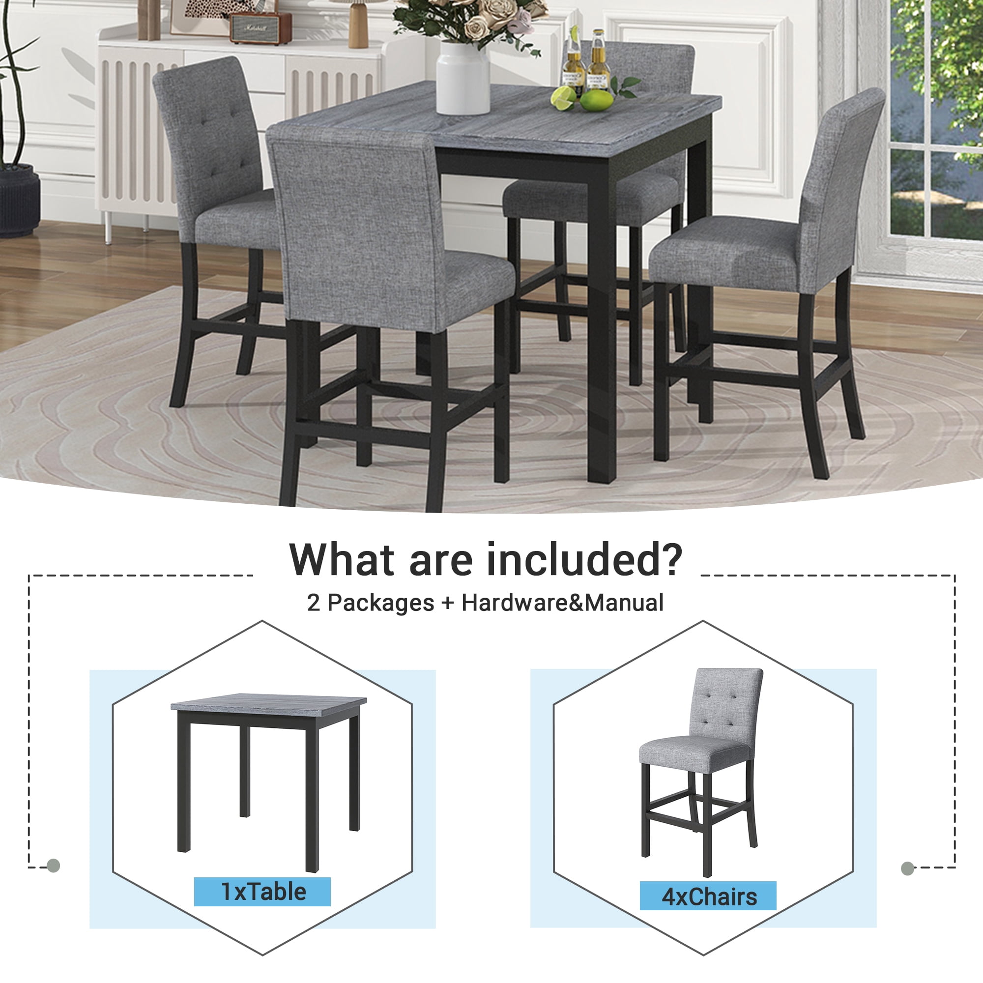 EUROCO 5-Piece Dining Room Table Set,Counter Height Dining Table Set with 4 Upholstered high-back Chairs and Chairs Home Furniture Square Modern,Black