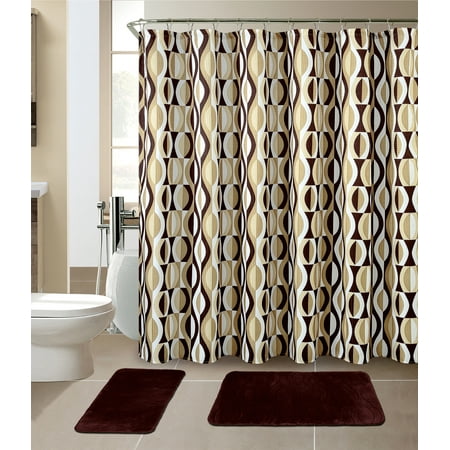 All American Collection New 15 Piece Bathroom Mat Set Memory Foam With Matching Shower Curtain