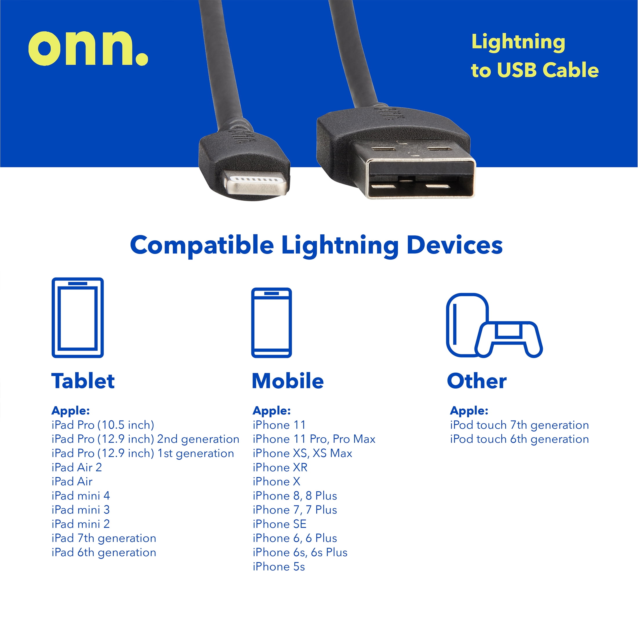 onn 6ft Lightning to USB Braided Charging Cable with Cable Management, MFI Certified, Black and Yellow - Compatible with iPhone 14/13/12/11/X/XR/XS/8/7/6/5, iPad, Airpods and more