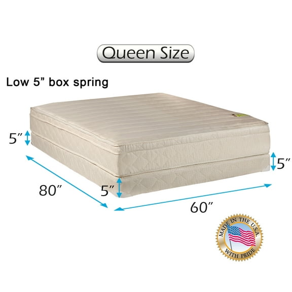 Comfort Pedic Firm (Eurotop) PillowTop Queen Size Mattress & Low 5" Height Box Spring with Bed Frame Included - Spine Support, Plush Knit Cover, Orthopedic Type by Dream Solutions USA