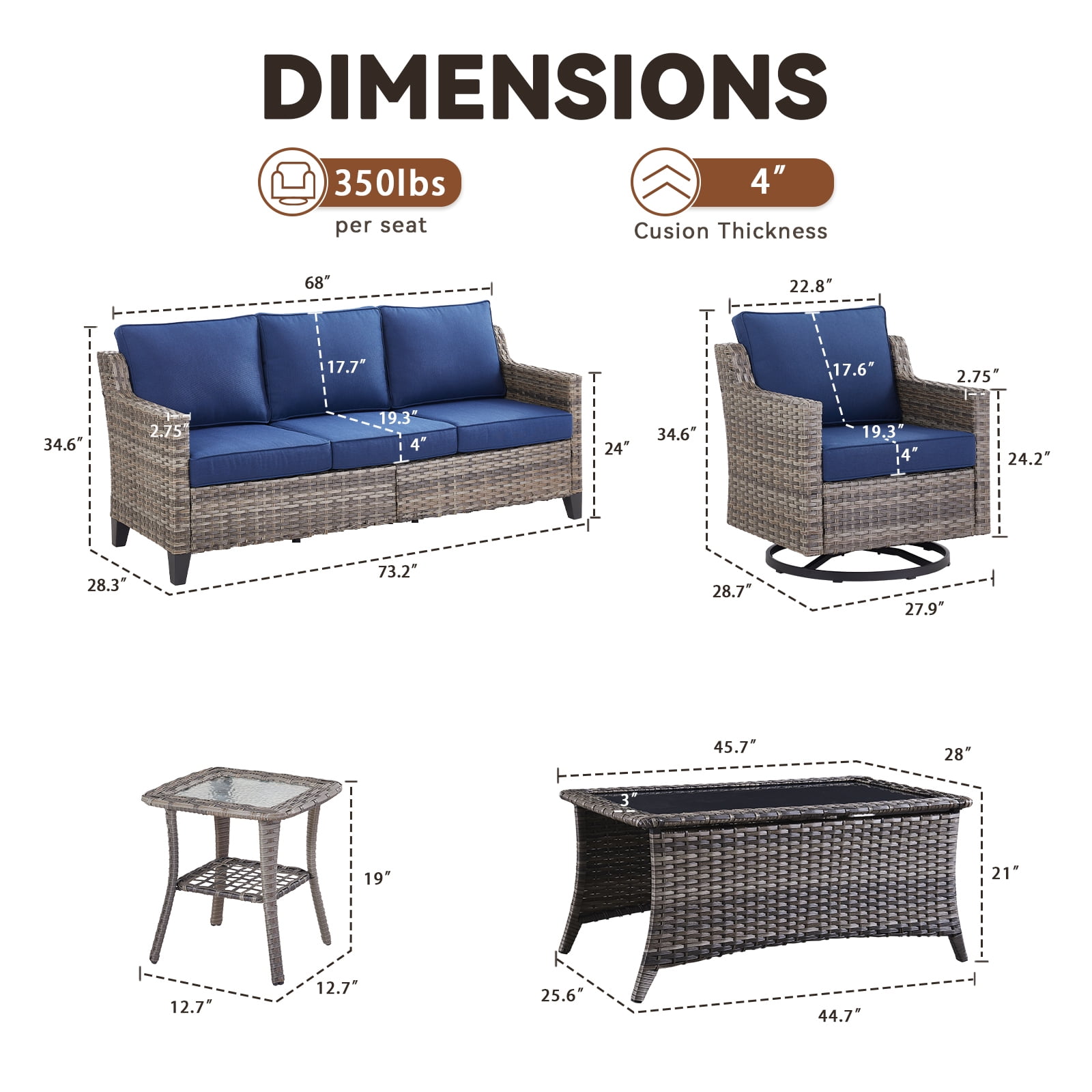 Bellefurn 7 Pieces Patio Furniture Sets with Swivel Chairs,All-Weather Outdoor Conversation Sets with 2 High Back Couch,Outdoor Swivel Rocker Chairs,Coffee Tabel for Porch Deck Backyard