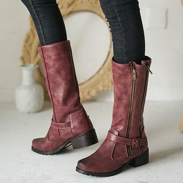 YOUSNH Mode Décontractée Boucle Fermeture Éclair Bottes Mi-Hautes Talon Épais Double Bottes pour Femmes Chaussures Femme Vin 8.5