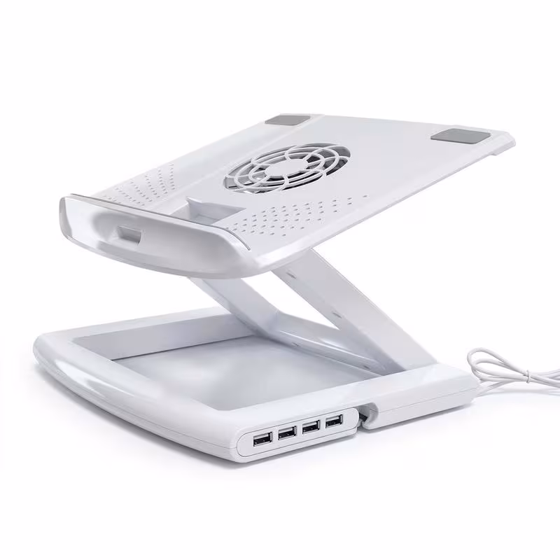 Universal Laptop & Tablet Cooling Stand – Ergonomic Height Adjustable Riser with 4-Port Detachable USB Hub & Ultra-Silent 2400RPM Fan – Compatible with 13-15" Devices (White)