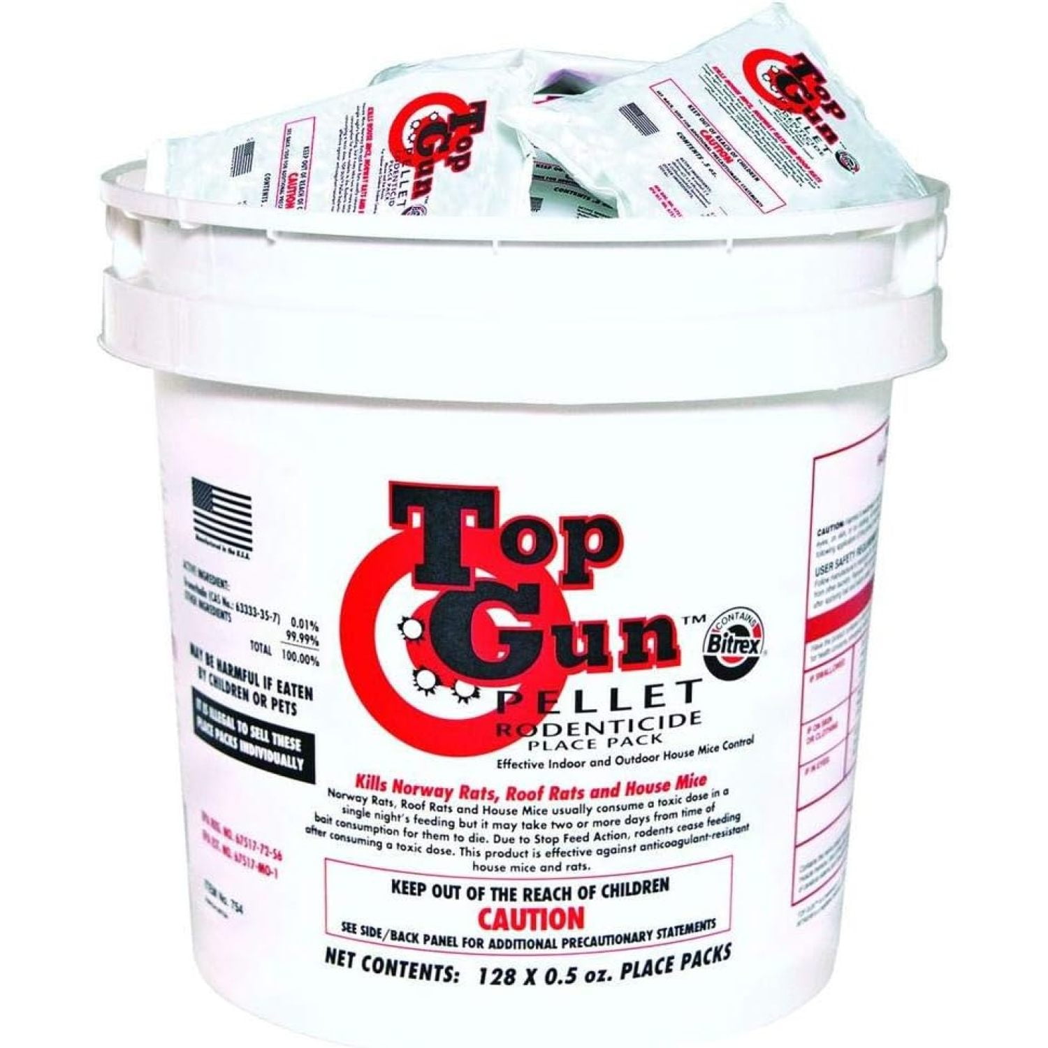 JT Eaton 754 Top Gun Pellet Place Packs Rodenticide Bromethalin Neurological Bait with Stop-Feed Action and Bitrex, For Mice and Rats (Pail of 128)