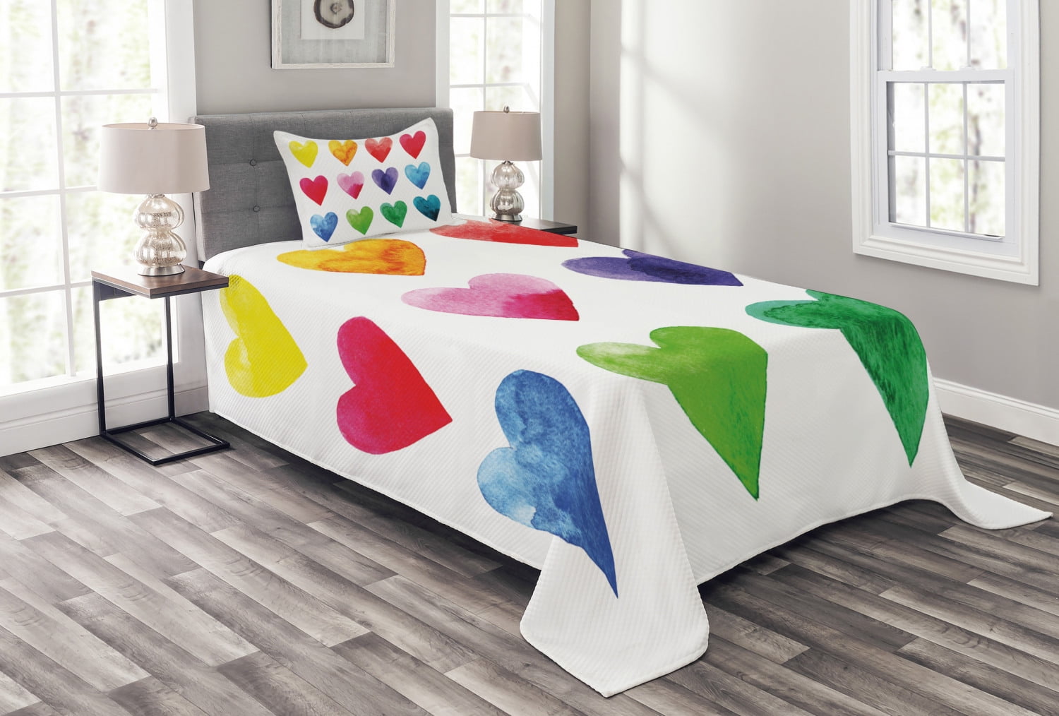 Valentine Bedspread Set Twin Size, Rainbow Colored Heart Shapes in