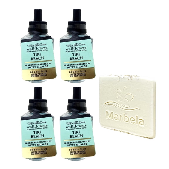Bath & Body Works Tiki Beach Set of 4 Wallflowers Home Fragrance Refill Bulbs with a Marbela Natural Oats Sample Soap