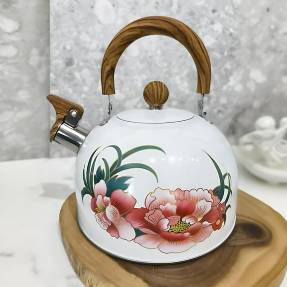 Uxgjfwu Floral Design Stainless Steel Whistling Tea Kettle for Stovetop with Handle Boiling Water Tea Brewing Kitchen Essential
