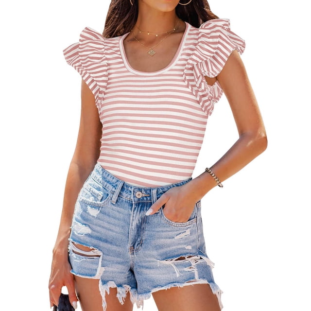 Shorts pour Femmes, Vestes pour Femmes Mode, Mode Femmes Rayures à Volants Décontracté Auto-Cultivation Manches Courtes Col Rond Haut