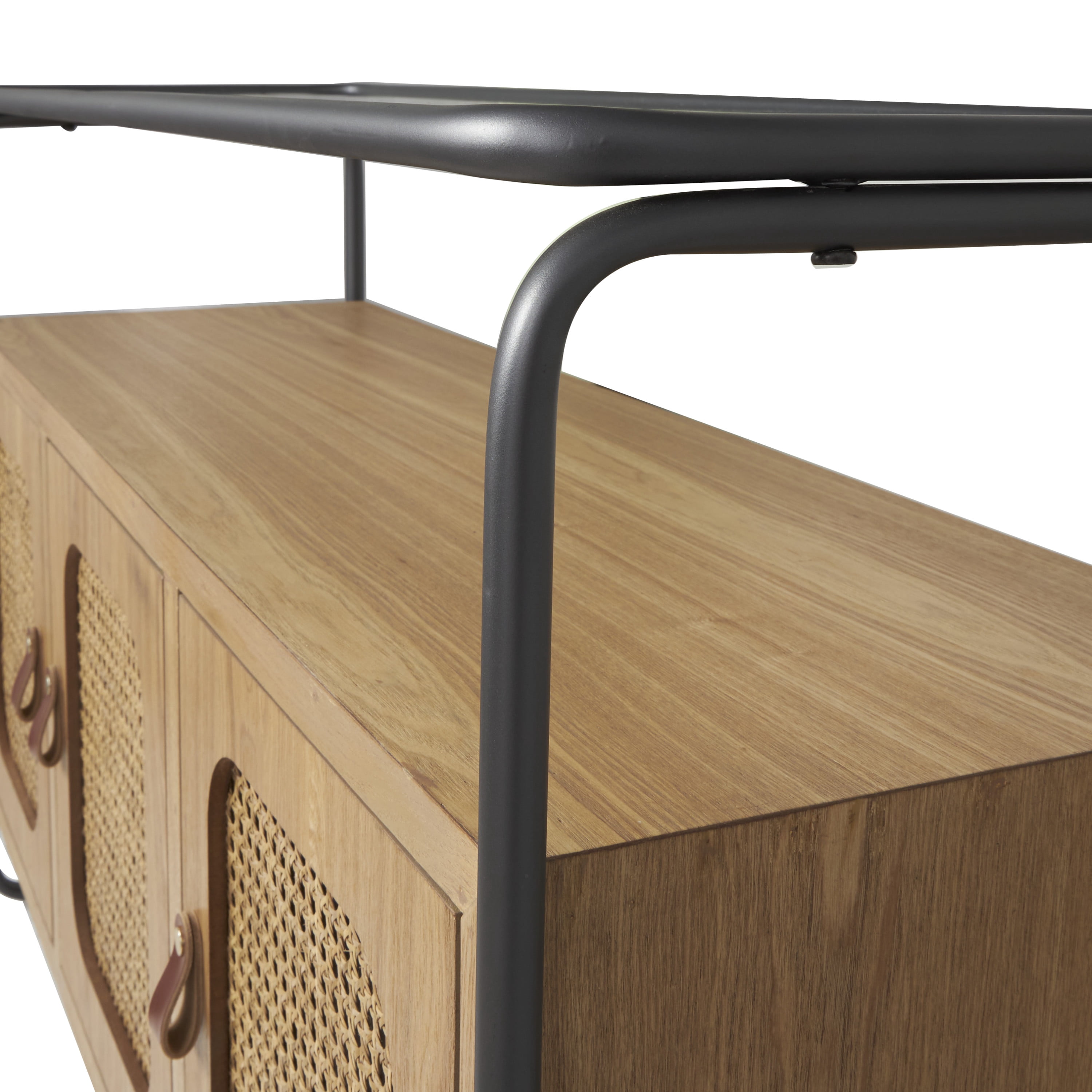 DecMode 48" x 32" Brown Wooden 3 Door Console Table with Cane Front Doors and Gray Metal Frame, 1-Piece